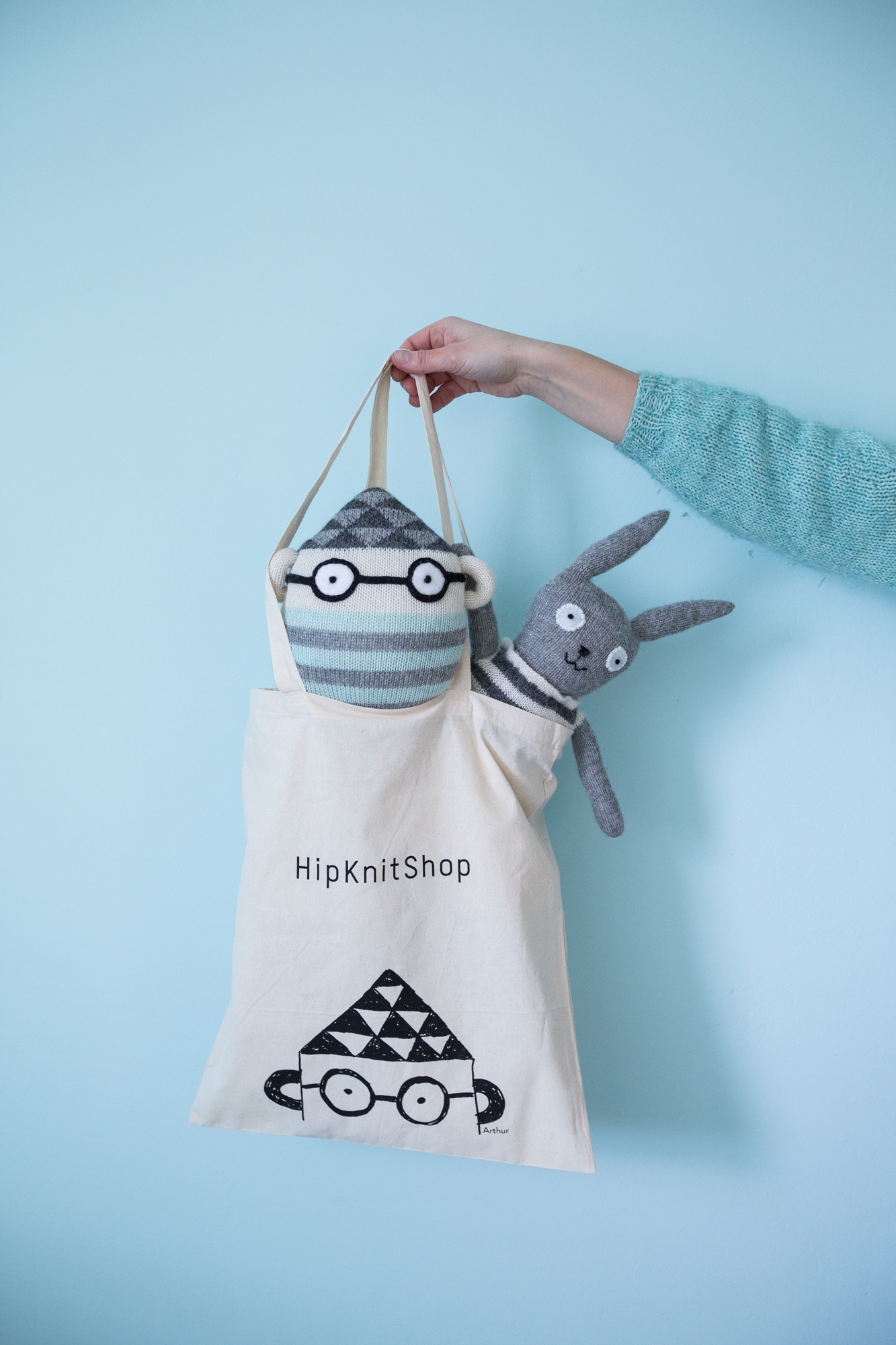 tote bag, long handles with stuffed animal , plush toys. - Tote bag in recycled cotton. For shopping and yarn storage. - 23/03/2017