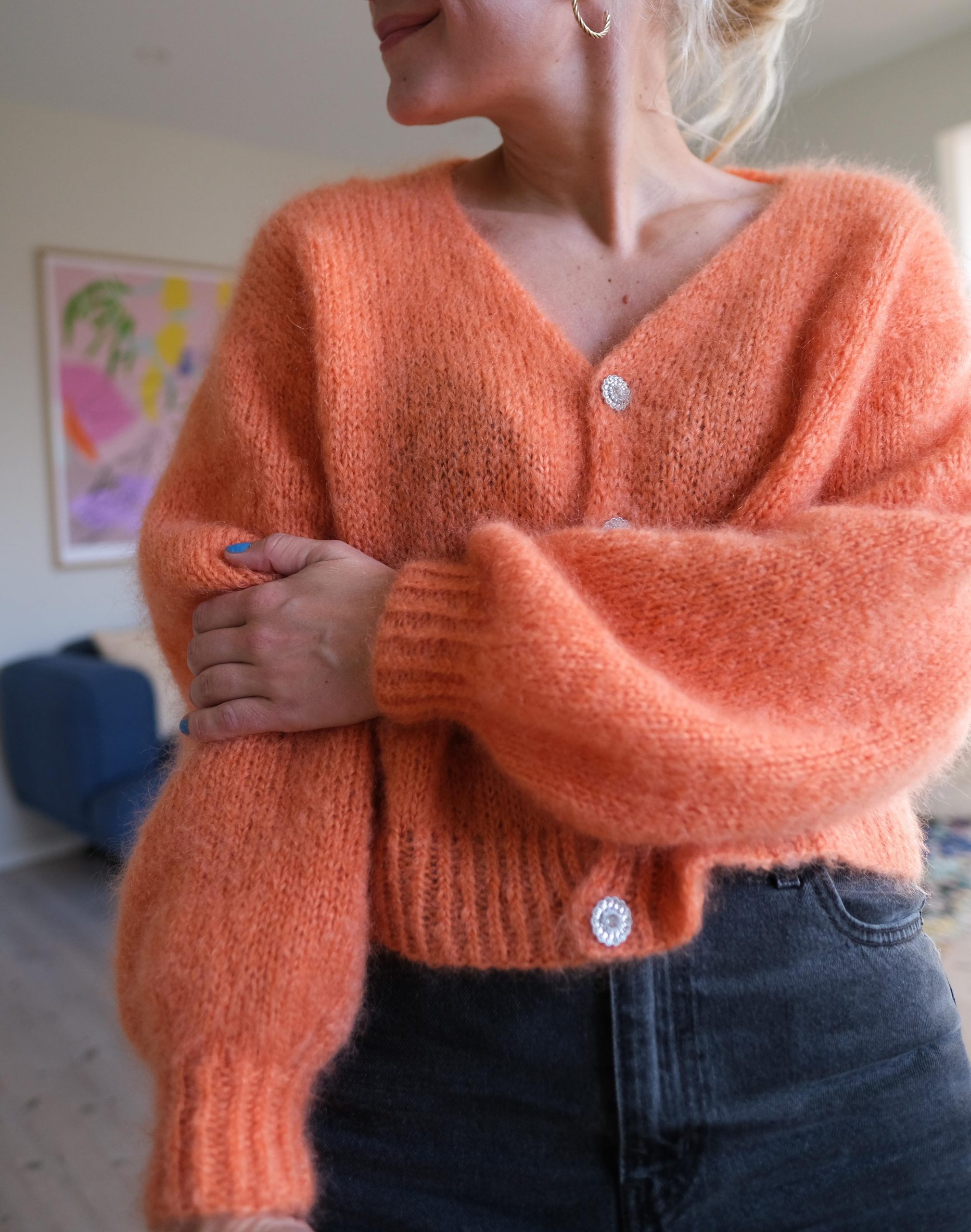 Knitted cardigan with v-neck women fluff mohair