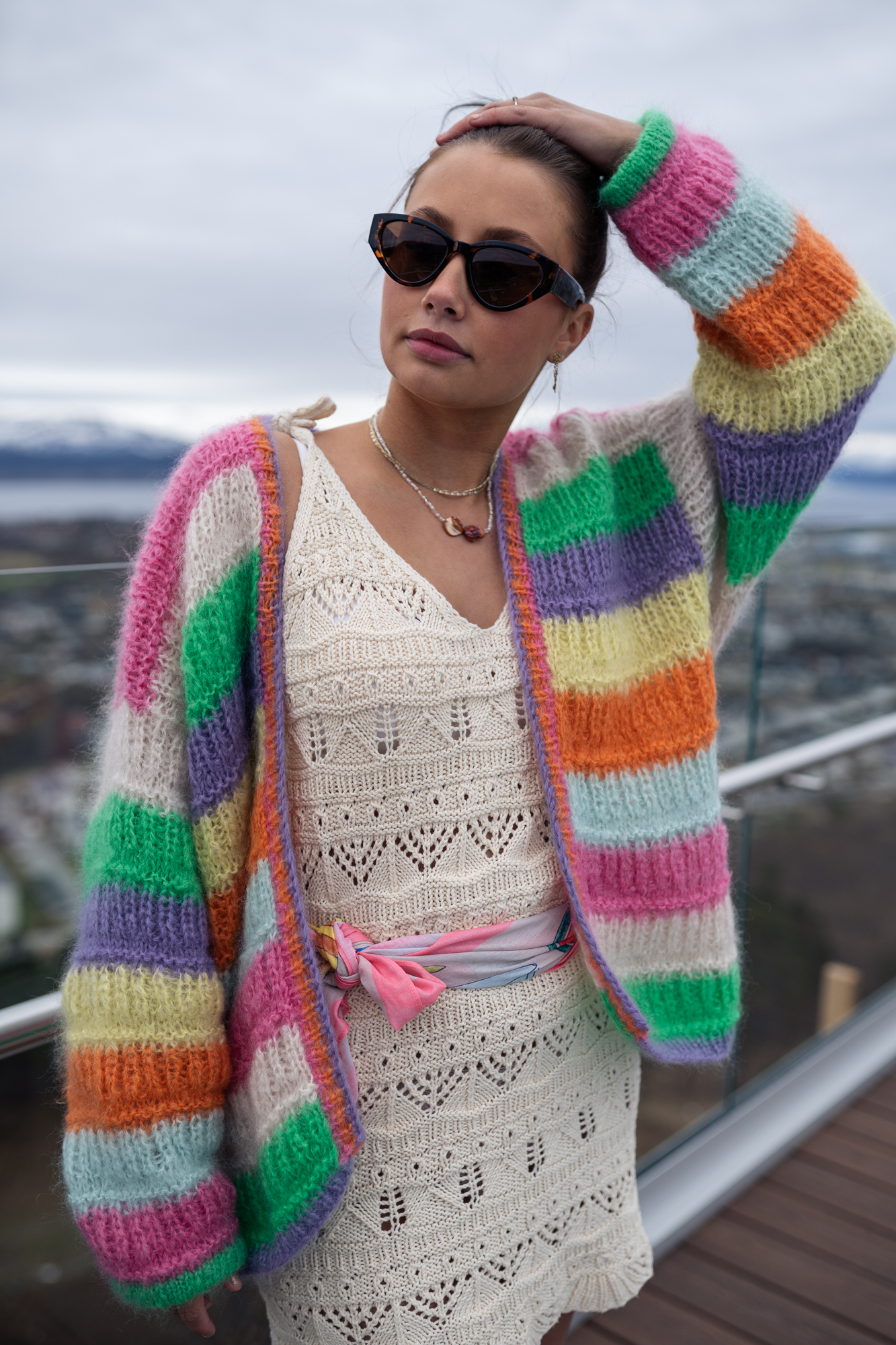 Color knit striped cardigan women.