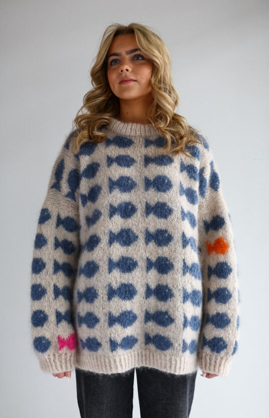 Fishing sweater pattern, knitted sweater for hiking and festivals. Colorful knitted sweater