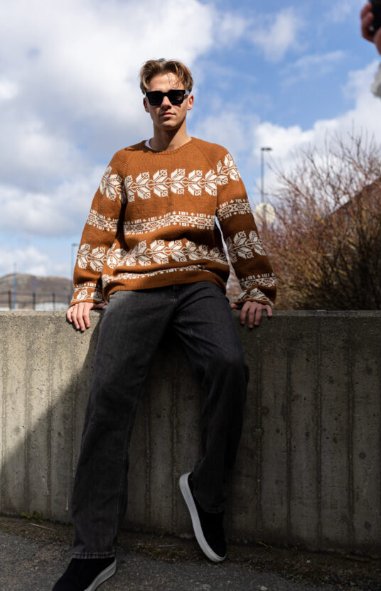 strikkeoppskrift genser herre ovenfra og ned