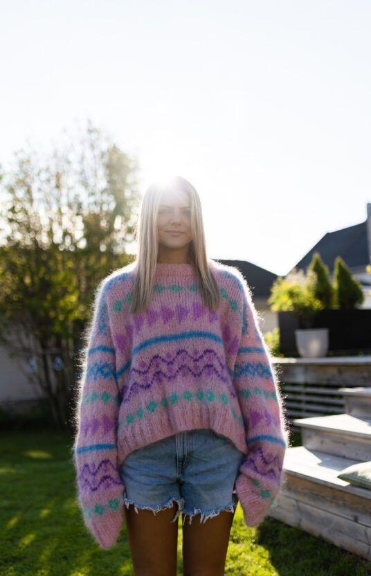 strikkegenser med farger og mønster oppskrift mohair 80talls genser