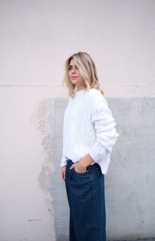 simple structured knit sweater with split and lace pattern. inspiration nice knitted sweater for women in merino