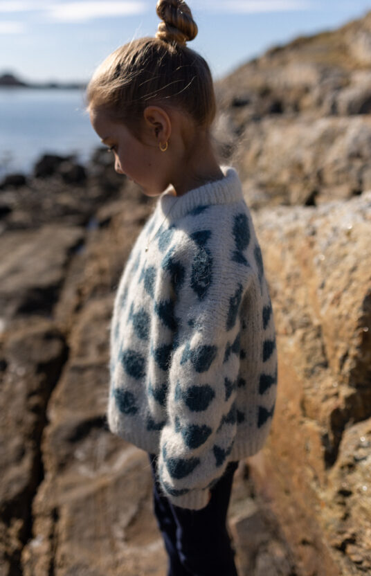 strikkeoppskrift genser barn fishy. strikkegenser med fisker. fisker genser barn børstet alpakka