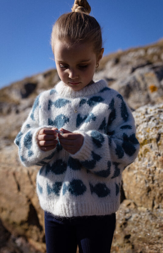 strikkeoppskrift genser barn fishy. strikkegenser med fisker. fisker genser barn børstet alpakka