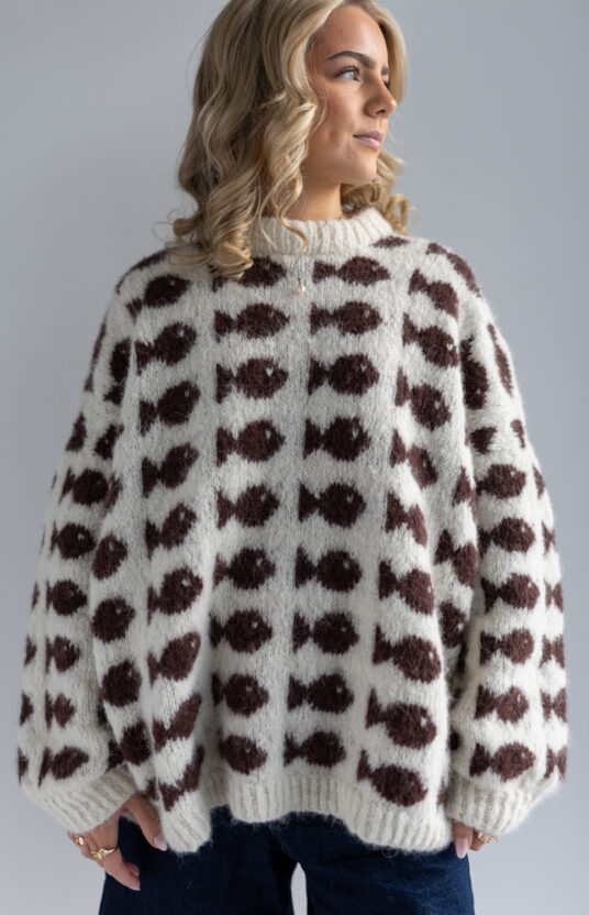 strikkeoppskrift genser med fisker. Fishy sweater knitting pattern fisherman pattern. Cute fluffy sweater in brushed alpaca