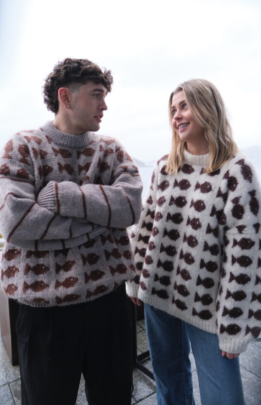 Men's and women's sweater knitting pattern and yarn. Fisherman fishy sweater knitting pattern.