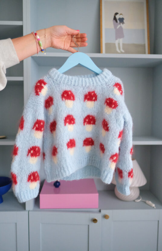 Knitting pattern for a mushroom sweater. Sweater for girl and boy with mushrooms. Easy knitting pattern for children using brushed alpaca. Knitted sweater with mushroom pattern and yarn. Kids' mushroom sweater knitting pattern.