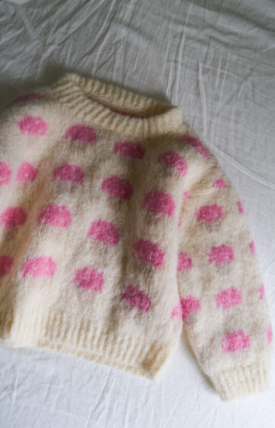 Knitting pattern for a mushroom sweater. Sweater for girl and boy with mushrooms. Easy knitting pattern for children using brushed alpaca. Knitted sweater with mushroom pattern and yarn. Kids' mushroom sweater knitting pattern.