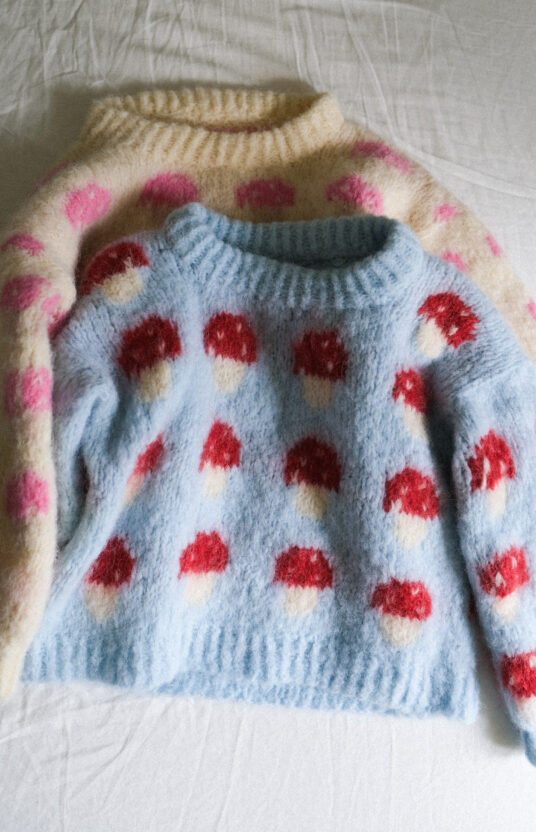 Knitting pattern for a mushroom sweater. Sweater for girl and boy with mushrooms. Easy knitting pattern for children using brushed alpaca. Knitted sweater with mushroom pattern and yarn. Kids' mushroom sweater knitting pattern.