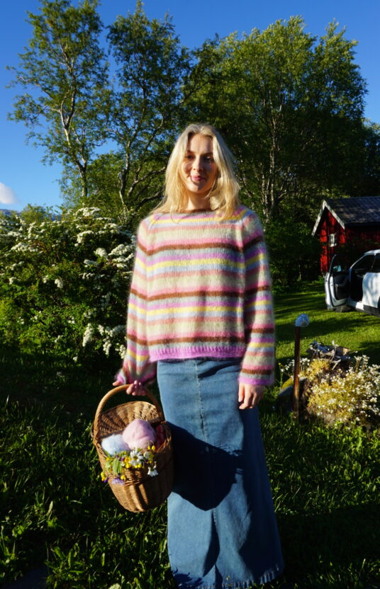 Knitted sweater with stripes pattern. Mohair sweater knitting pattern for a thin women's sweater, top-down raglan. Knitting pattern women knitted top down in Hip Mohair yarn. Thin knitted sweater pattern.