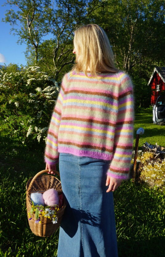 Elisa Sweater Knitting Pattern - HipKnitShop Knitted sweater with stripes pattern. Mohair sweater knitting pattern for a thin women's sweater, top-down raglan. Knitting pattern women knitted top down in Hip Mohair yarn. Thin knitted sweater pattern.