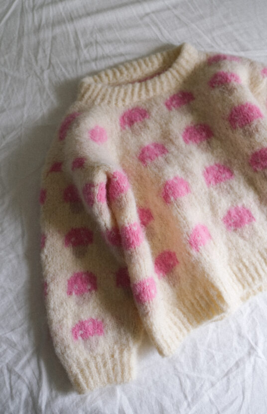 Knitting pattern for a mushroom sweater. Sweater for girl and boy with mushrooms. Easy knitting pattern for children using brushed alpaca. Knitted sweater with mushroom pattern and yarn. Kids' mushroom sweater knitting pattern.