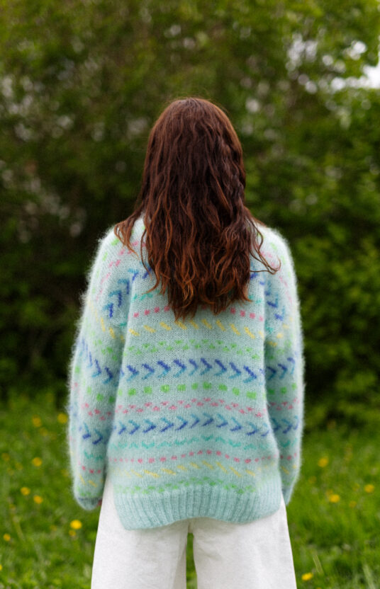 Mint sweater knitting pattern women's sweater with fluff and colors, Colorful knit sweater for women with pattern. Inspiration for knitting for women. Popular knitting patterns to knit now. Mohair sweater colorful knitting pattern women's sweater