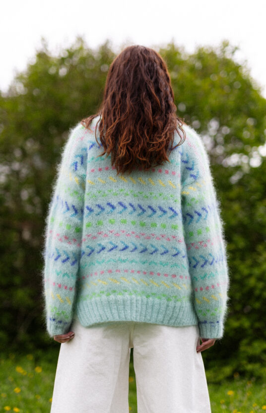 Mint sweater knitting pattern women's sweater with fluff and colors, Colorful knit sweater for women with pattern. Inspiration for knitting for women. Popular knitting patterns to knit now. Mohair sweater colorful knitting pattern women's sweater