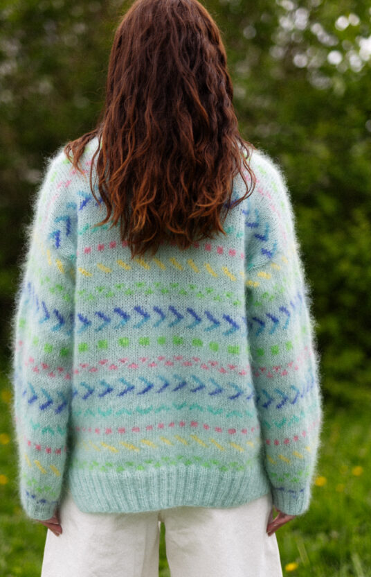 Mint sweater knitting pattern women's sweater with fluff and colors, Colorful knit sweater for women with pattern. Inspiration for knitting for women. Popular knitting patterns to knit now. Mohair sweater colorful knitting pattern women's sweater