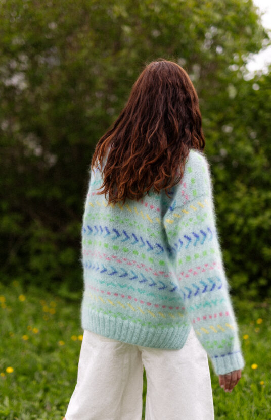 Mint sweater knitting pattern women's sweater with fluff and colors, Colorful knit sweater for women with pattern. Inspiration for knitting for women. Popular knitting patterns to knit now. Mohair sweater colorful knitting pattern women's sweater