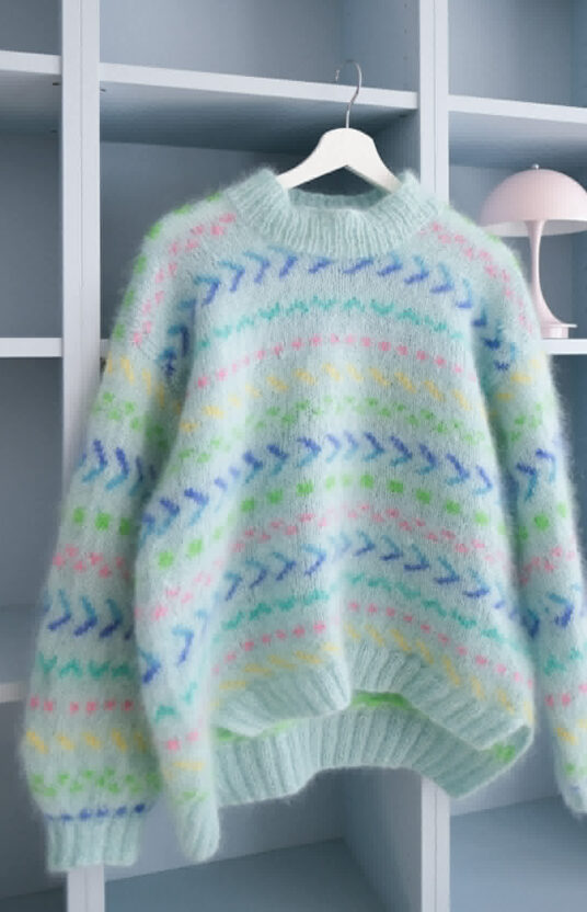 Mint sweater knitting pattern women's sweater with fluff and colors, Colorful knit sweater for women with pattern. Inspiration for knitting for women. Popular knitting patterns to knit now. Mohair sweater colorful knitting pattern women's sweater
