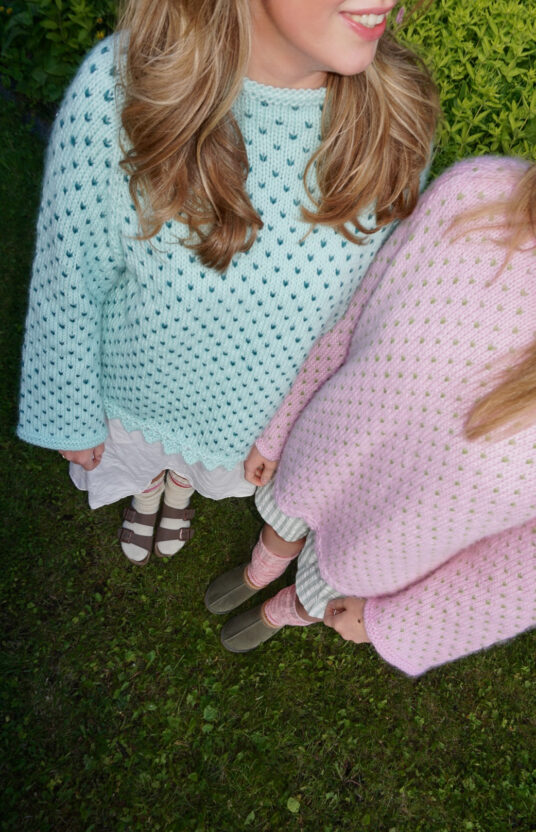 knitting pattern with raglan shaping, sweater pattern with lace details, knitted sweater in soft, non-itchy wool yarn, Nordic snowflake pattern, two-tone sweater.