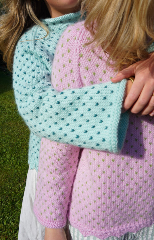 Clara sweater knitting pattern - HipKnitShop knitting pattern with raglan shaping, sweater pattern with lace details, knitted sweater in soft, non-itchy wool yarn, Nordic snowflake pattern, two-tone sweater.